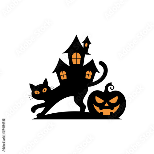 Vector art of a black cat stands in front of a haunted house with a pumpkin, embodying the spirit of halloween