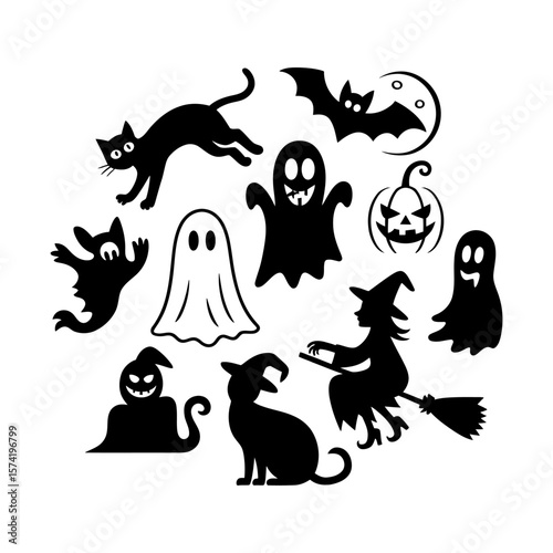 Vector art of a lively halloween scene featuring silhouettes of black cats, ghosts, a pumpkin, a bat, and a witch