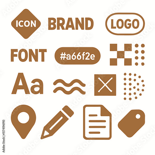 Assorted Brown Icons and Symbols Representing Branding, Design, and Communication Elements.
