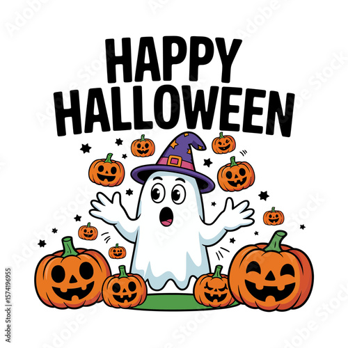 Vector art of a cheerful ghost wearing a witch hat surrounded by pumpkins and the text happy halloween in a festive design