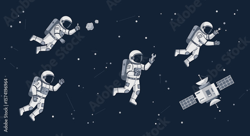Astronauts and Satellite in Space Exploration Illustration