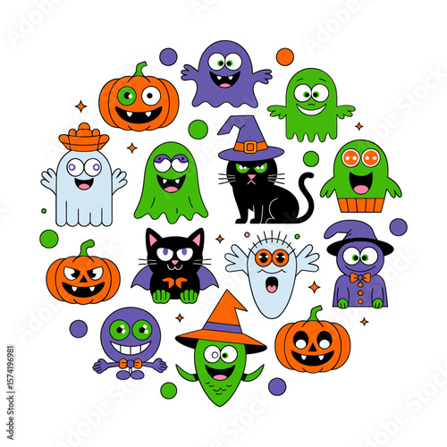 Vector art of a circular arrangement of various halloween characters including ghosts, pumpkins, monsters, and a black cat