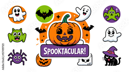 Vector art of spooktacular halloween collection featuring pumpkins, ghosts, bats, spiders, and black cats
