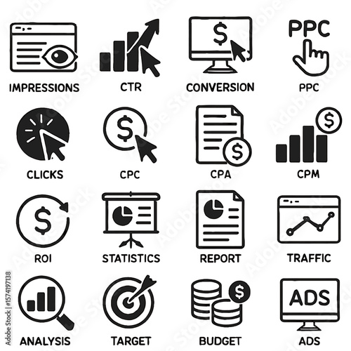 Black and White Digital Marketing Icons Representing Key Performance Indicators