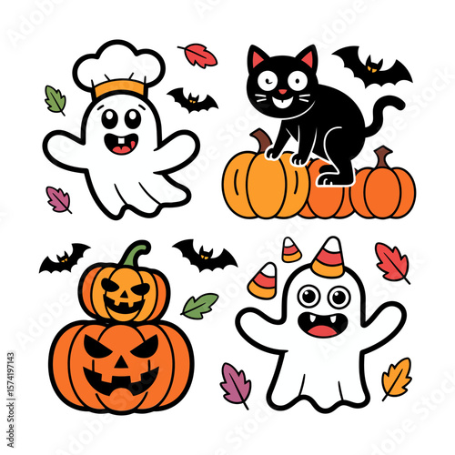 Vector art of a festive halloween scene with a chef ghost, a black cat on pumpkins, and stacked pumpkins