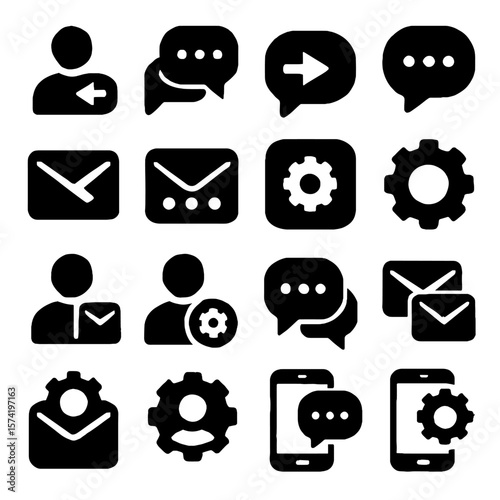 Black and white communication and settings icons for digital interfaces.