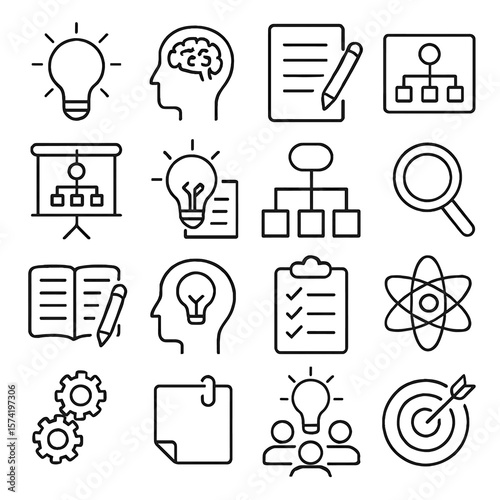 Black outline icons representing business strategy, ideas, and collaboration