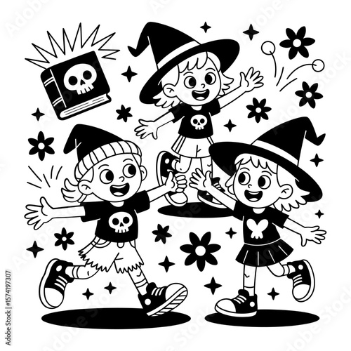 Vector art of three happy children dressed as witches celebrate halloween with magic and fun