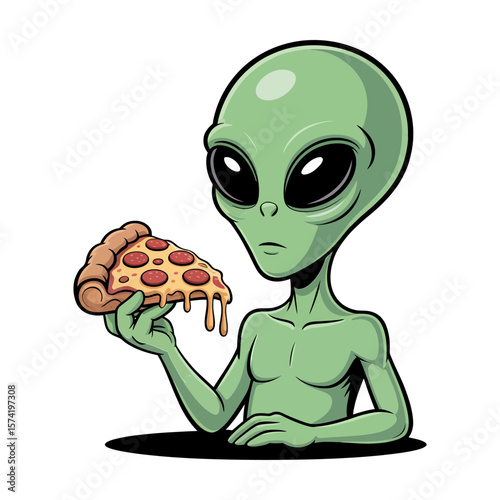 Vector art of a curious green alien enjoys a slice of pepperoni pizza