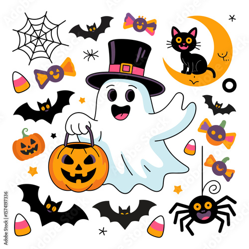 Vector art of a friendly ghost with a pumpkin bucket is surrounded by halloween symbols like bats and candy