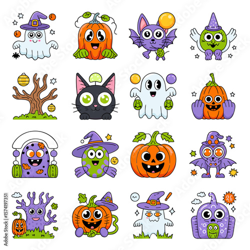 Vector art of a collection of cute and spooky halloween characters including ghosts, pumpkins, and witches