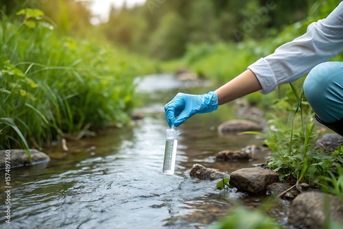 Scientist collecting water sample from a clear stream for environmental testing