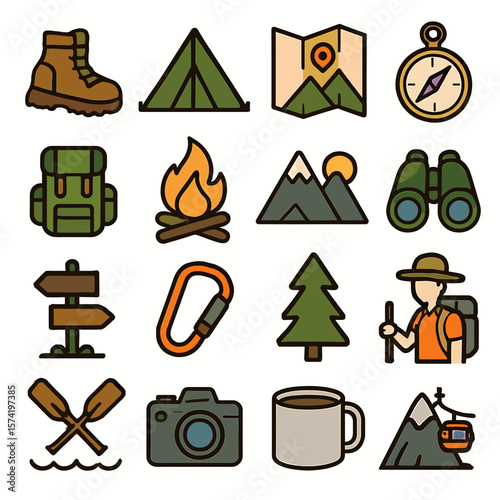 Collection of Camping and Hiking Icons Depicting Outdoor Adventure and Exploration.