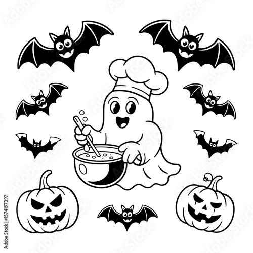 Vector art of a cute cartoon ghost chef is happily stirring a pot surrounded by flying bats and jackolanterns