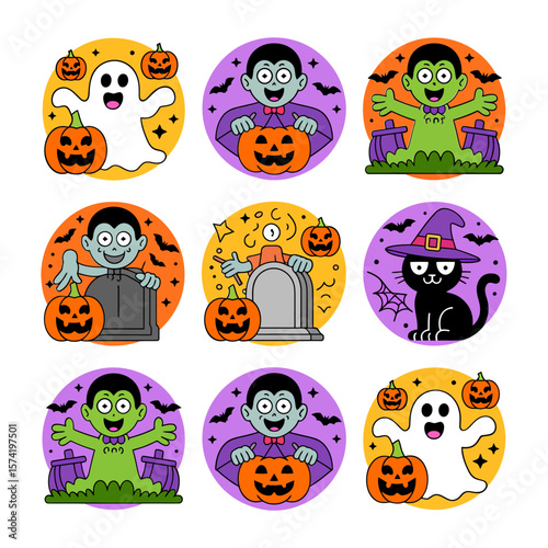Vector art of a set of circular halloween illustrations featuring ghosts, vampires, frankenstein, pumpkins, and a black cat, set against spooky backgrounds