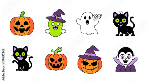 Vector art of a vibrant assortment of halloween icons featuring pumpkins, ghosts, cats, vampires, and zombies