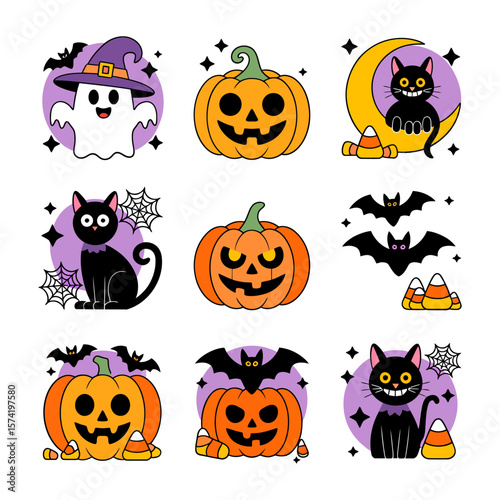 Vector art of a charming halloween mosaic showcasing pumpkins, ghosts, black cats, and bats against a starry night