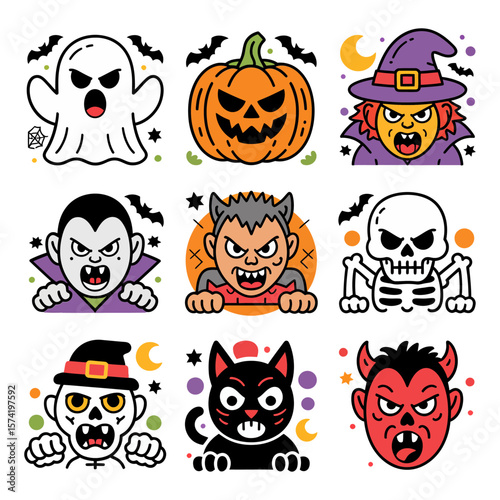 Vector art of a thrilling halloween montage featuring a variety of monsters like ghosts, vampires, werewolves, and skeletons