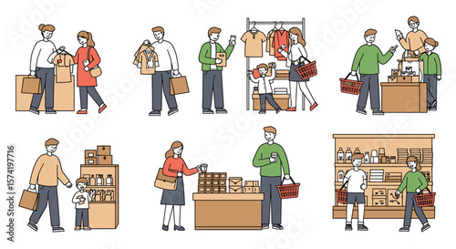 Diverse Shoppers Engaging in Various Retail Activities, Shopping and Purchasing Goods.