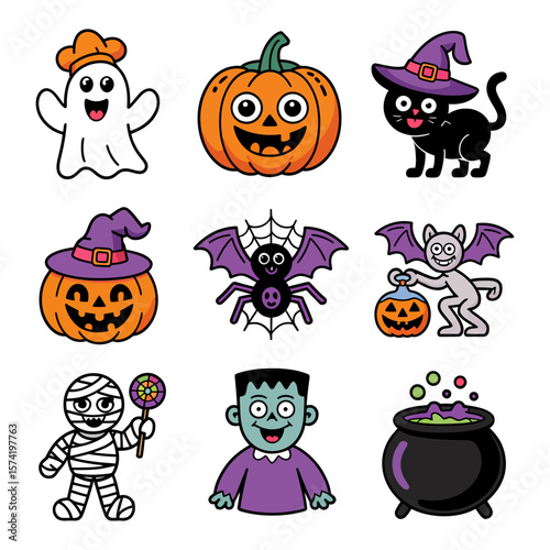 Vector art of a collection of nine cute halloween icons including a ghost, pumpkins, black cat, frankenstein, mummy, and cauldron