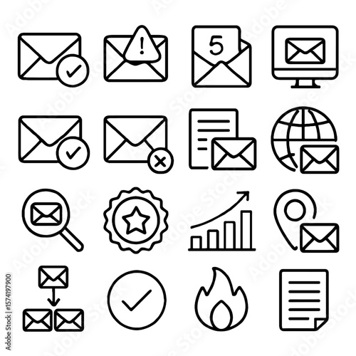 Email Communication Icons: Notification, Globe, Magnifier, Flame, and Document