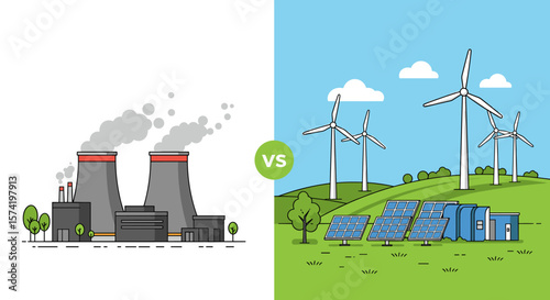Fossil Fuel Plant Versus Renewable Energy Sources Illustration