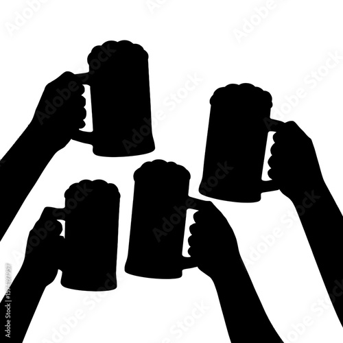 Four Silhouetted Hands Raising Beer Mugs in Celebration