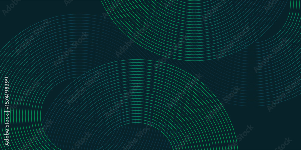 Abstract futuristic background with intertwined circular lines forming a yin-yang style pattern. Elegant dark teal gradient with fine green stroke detail