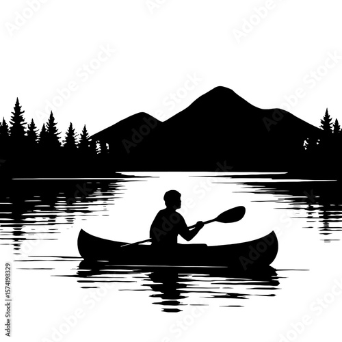 Peaceful Kayaker Silhouetted Against Mountain Scenery