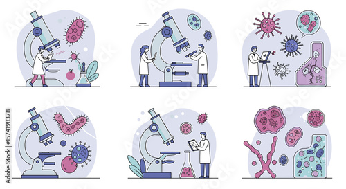 Scientists Analyzing Microscopic Organisms with Microscopes and Laboratory Equipment.