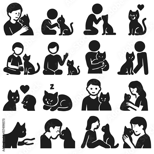 Stylized Black Pictograms of People Interacting with Cats in Various Poses