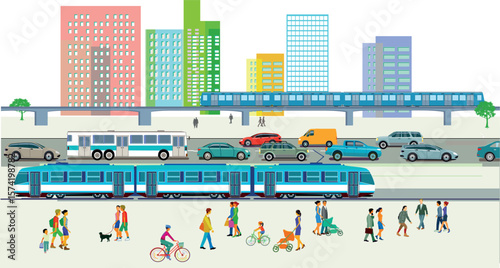 Stadtbahn, Metro,  Bus mit Fahrgästen Illustration