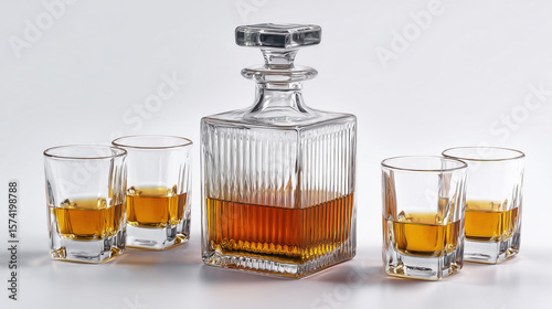 Elegant glass whiskey decanter with matching glasses filled with golden liquor, arranged on a light background for a luxurious barware presentation
