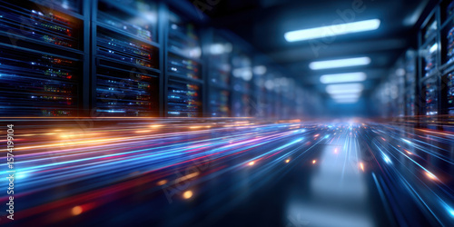 High speed data transfer in modern server room with glowing light trails creating dynamic futuristic atmosphere