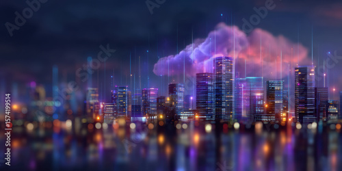 Futuristic cityscape with glowing skyscraper lights and digital data streams under vibrant purple cloud at night