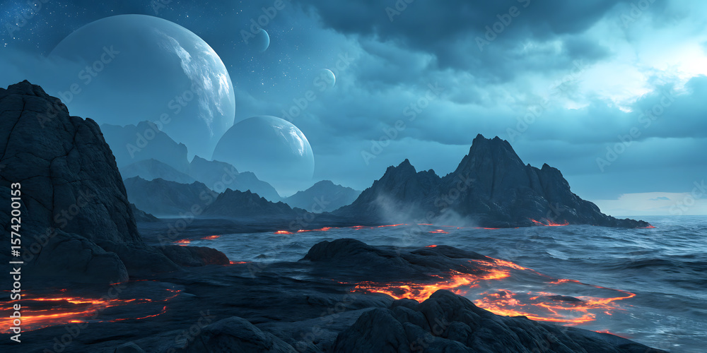 Fototapeta premium Alien planet landscape with moons, lava flows, and dramatic skies