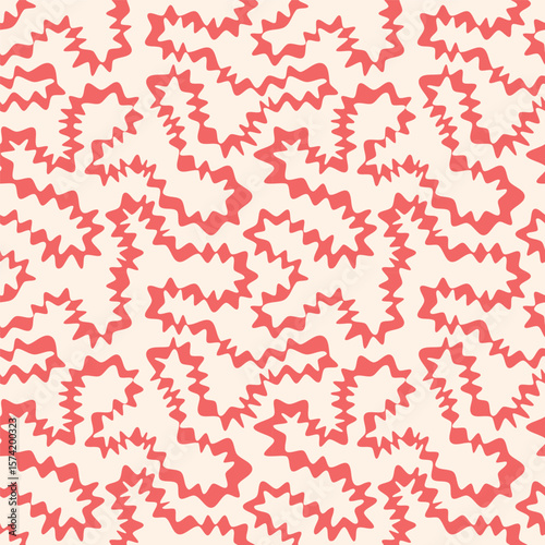 Continuous distorted line funky groovy abstract seamless repeat pattern. Unusual trendy modern psychedelic maze background. Uneven hand drawn deformed zigzag spiky doodle endless wavy red stripe. 