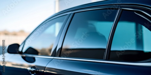 Sleek Modern Sedan with Dark Tinted Windows Reflecting Bright Sunlight in Urban Setting