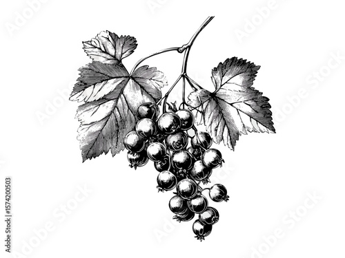 Engraved redcurrant berry cluster, vintage sketch print, botanical ink drawing, hand-drawn healthy fruit art, retro decor, old engraving style, rustic garden illustration, natural harvest