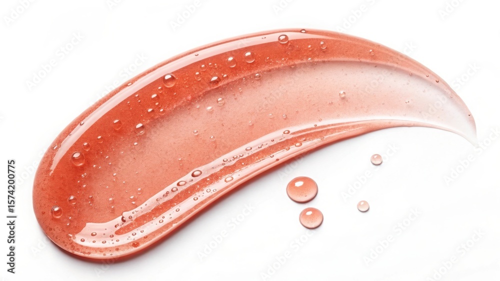 Fototapeta premium A close up of a smear of translucent pink gel with droplets on a white background, studio shot