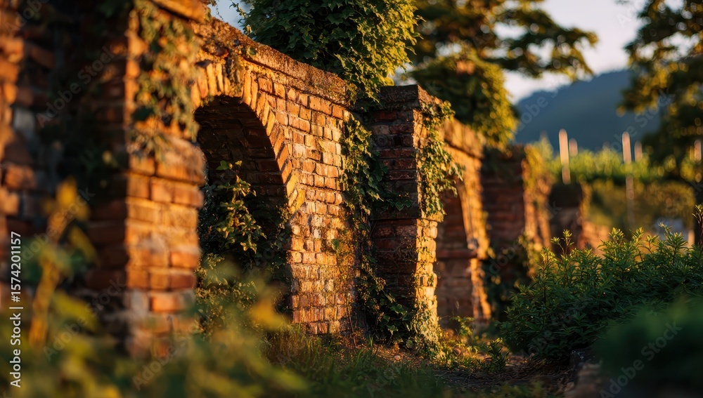 Obraz premium Old Wall With Arches Covered in Plants, Vineyards in Background. Brochure