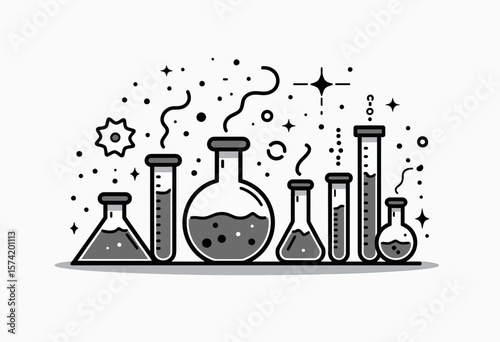 Assortment of Laboratory Glassware Icons Featuring Flasks, Test Tubes, and Beakers, Illustrated with Scientific Experimentation and Discovery Concepts in a Monochrome Line Art Style.
