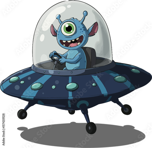 Cartoon alien pilot joyfully flies a spaceship through the vast universe, bringing humor and science fiction together in outer space.