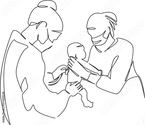 One continuous single drawing line art flat doodle doctor, stethoscope, examining, patient, care, hospital, listening, newborn. Isolated image hand draw contour on a white background, hand drawn, not 