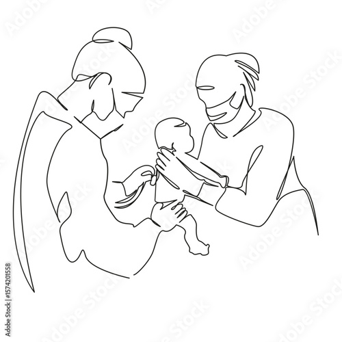 One continuous single drawing line art flat doodle doctor, stethoscope, examining, patient, care, hospital, listening, newborn. Isolated image hand draw contour on a white background, hand drawn, not 