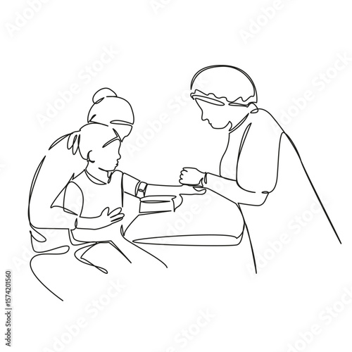 One continuous single drawing line art flat doodle child, patient, girl, doctor, clinic, syringe, blood sampling. Isolated image hand draw contour on a white background, hand drawn, not AI