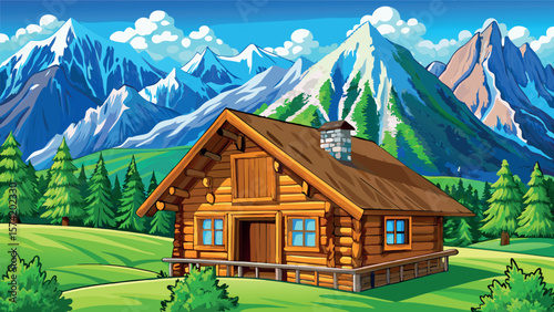 Scenic Alpine Landscape with Wooden Cabin in Mountain Wilderness