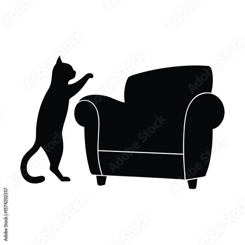 Black silhouette of a cat scratching a sofa on a white background furniture animal