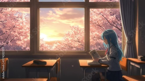 Girl reading in classroom at sunrise with cherry blossoms