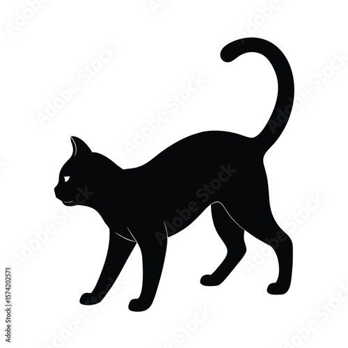 Black cat silhouette arching back with tail up on white background animal domestic cat